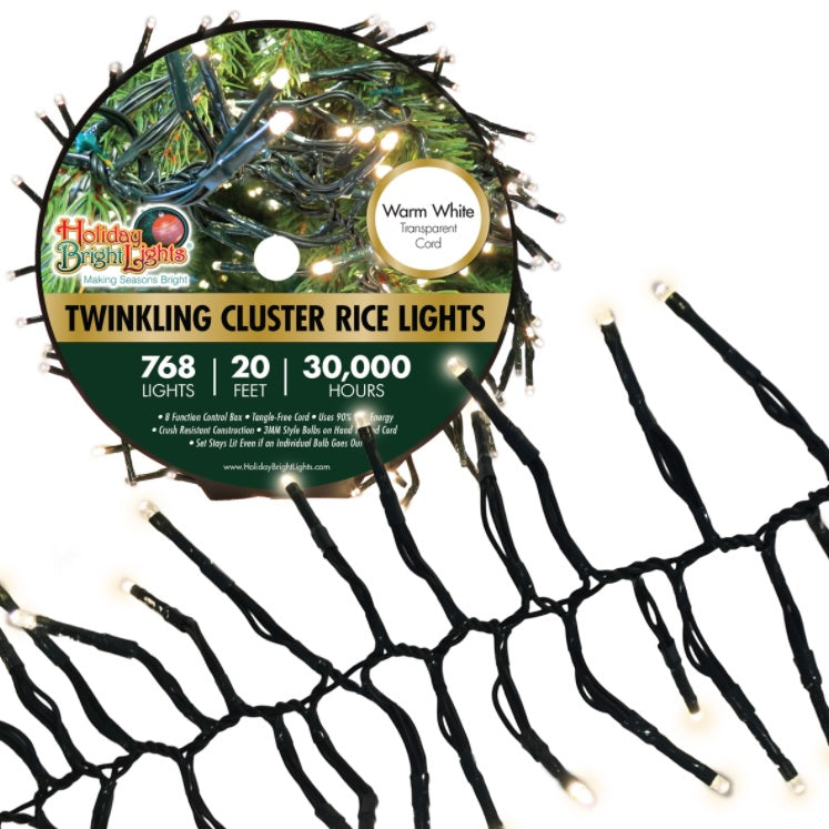 768 LED Twinkling Cluster Rice Christmas Lights on a Reel