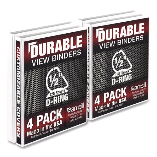 Durable D-ring View Binders, 3 Rings, 0.5 Capacity, 11.5 X 8.5, White, 4/pack