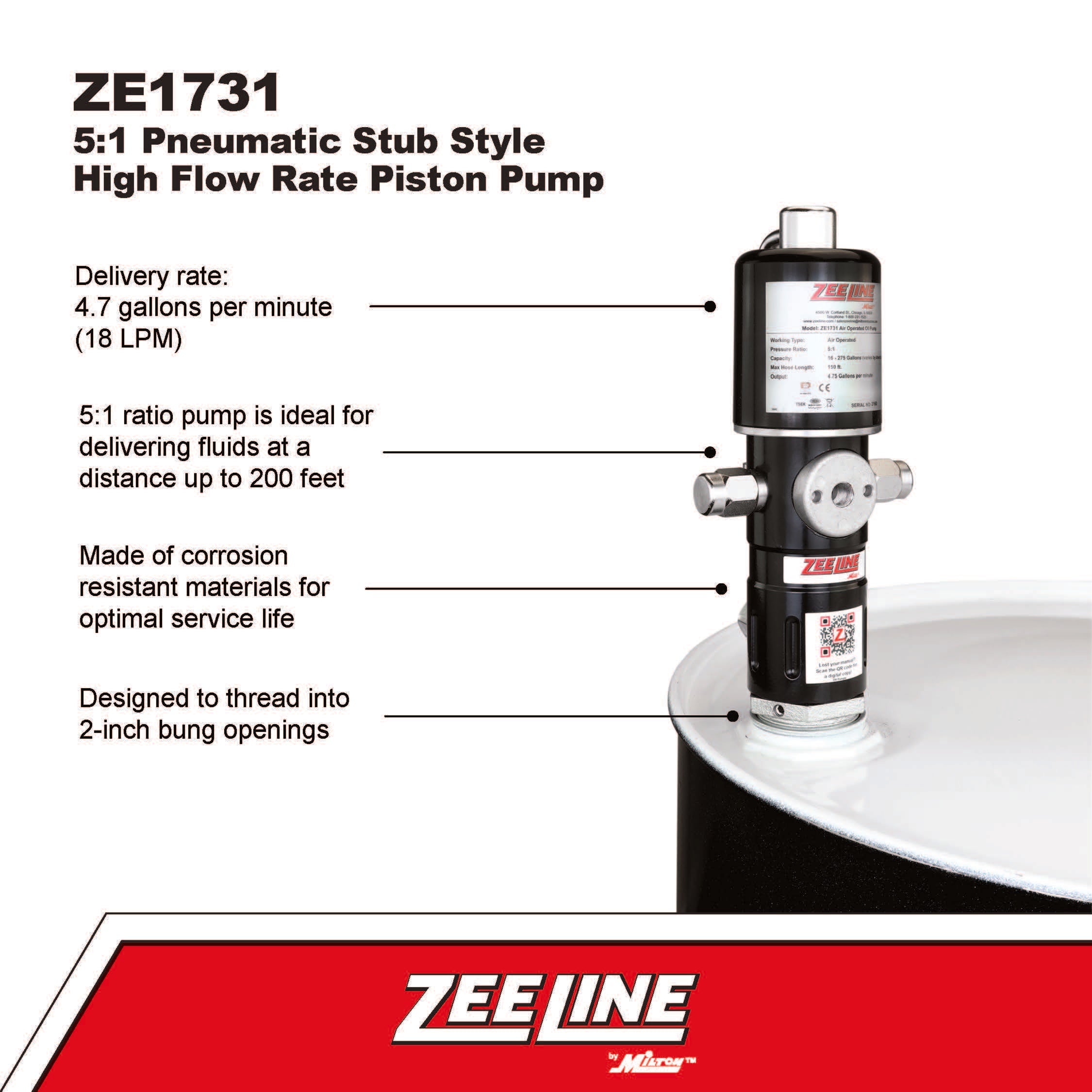 ZE1731 – 5:1 Pneumatic Stub Style High Flow Rate Piston Pump (Double Action)