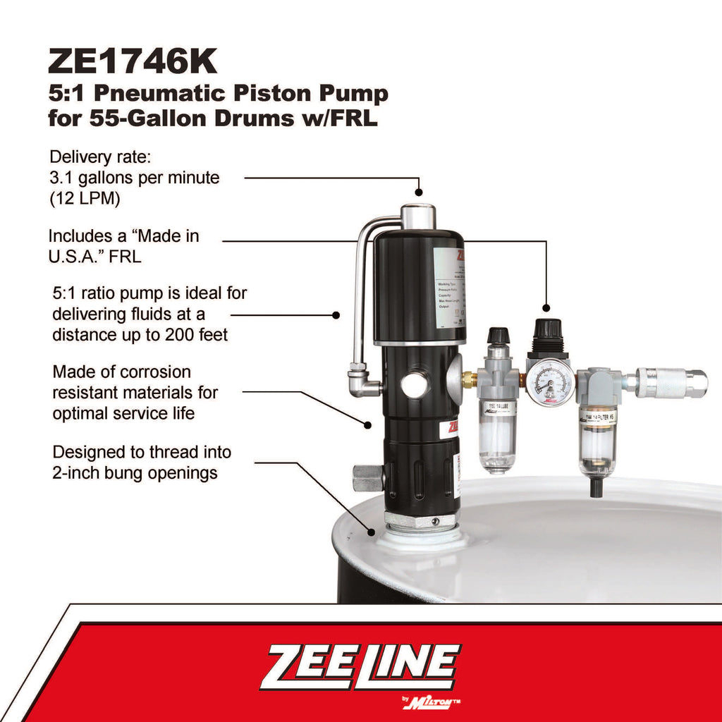 ZE1746K – 5:1 Pneumatic Piston Pump for 55-Gallon Drums w/FRL